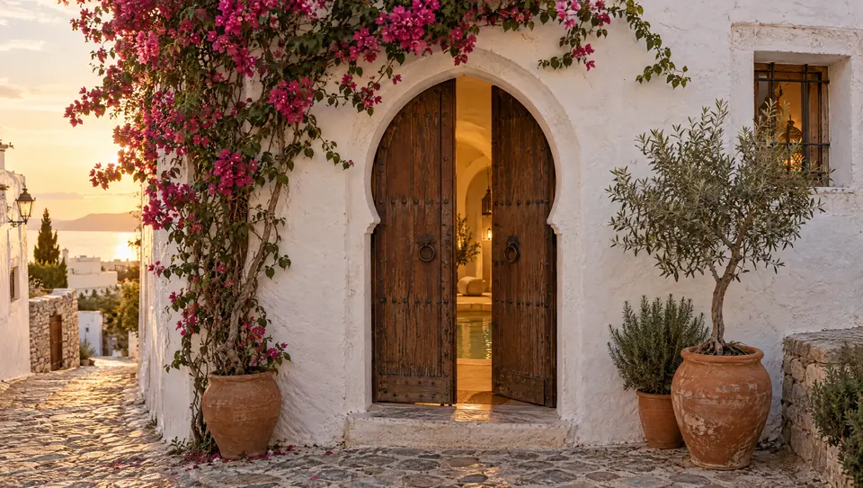 The Old Town House door: a tall horseshoe-arch wooden door in a whitewashed wall under bougainvillea