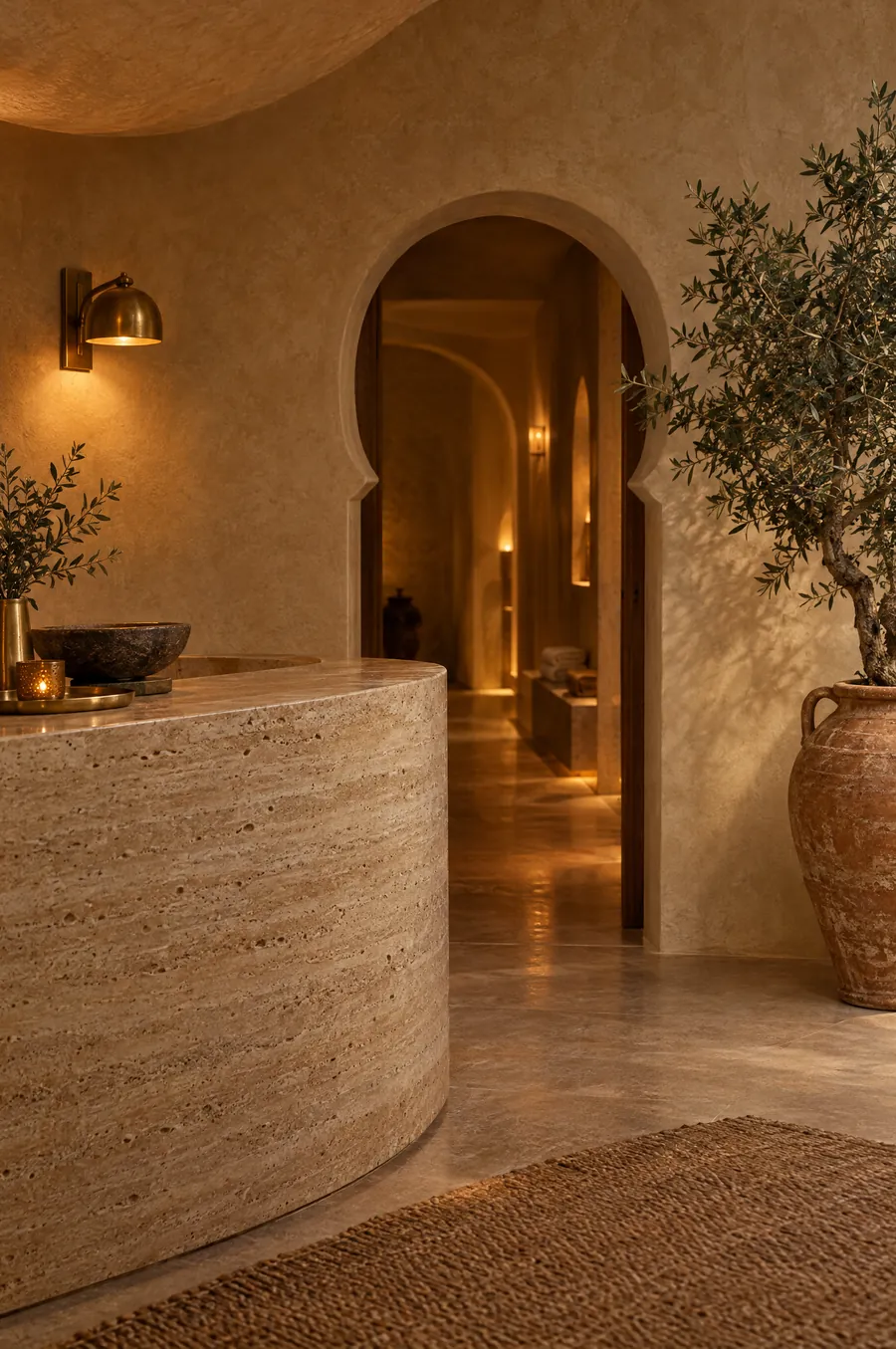 The Old Town House reception: a curved travertine counter under a horseshoe arch
